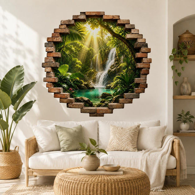 Sunlit jungle waterfall and turquoise pool seen through an irregular printed opening of weathered red and gray bricks.