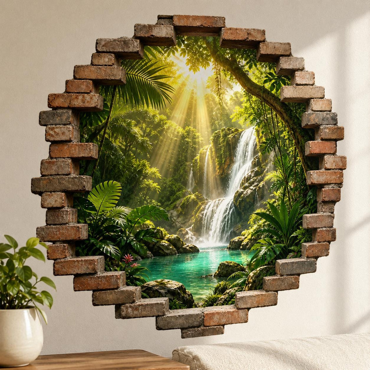Tropical Waterfall Wall Decal | 3D Broken Brick Jungle Mural | Rainforest Wall Sticker | Nature Living Room Decor | Faux Window Wall Decor