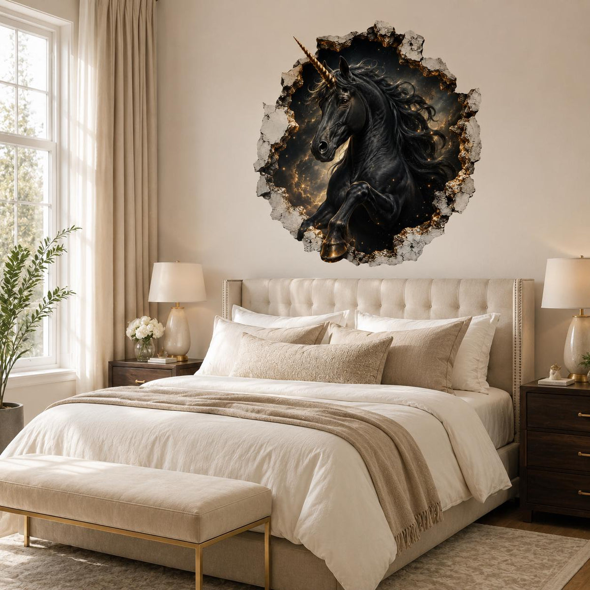 Black Unicorn Wall Decal | 3D Broken Wall Fantasy Vinyl Sticker | Celestial Bedroom Decor | Gothic Teen Room Wall Art | Cosmic Unicorn Art