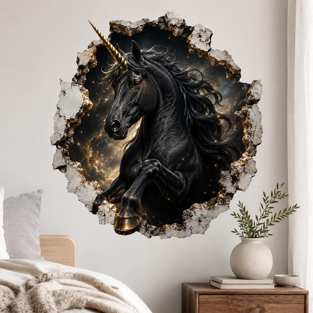 Rearing black unicorn with a gold-colored spiral horn inside a printed cracked-wall opening, with stars and amber clouds.