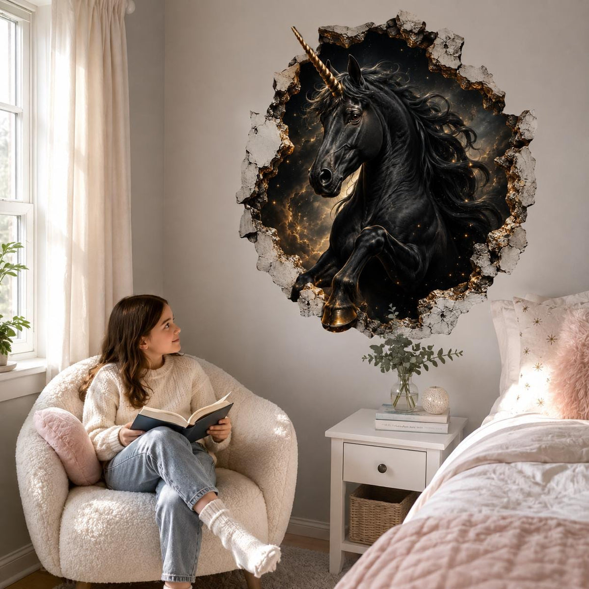 Black Unicorn Wall Decal | 3D Broken Wall Fantasy Vinyl Sticker | Celestial Bedroom Decor | Gothic Teen Room Wall Art | Cosmic Unicorn Art