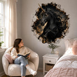 Black Unicorn Wall Decal | 3D Broken Wall Fantasy Vinyl Sticker | Celestial Bedroom Decor | Gothic Teen Room Wall Art | Cosmic Unicorn Art