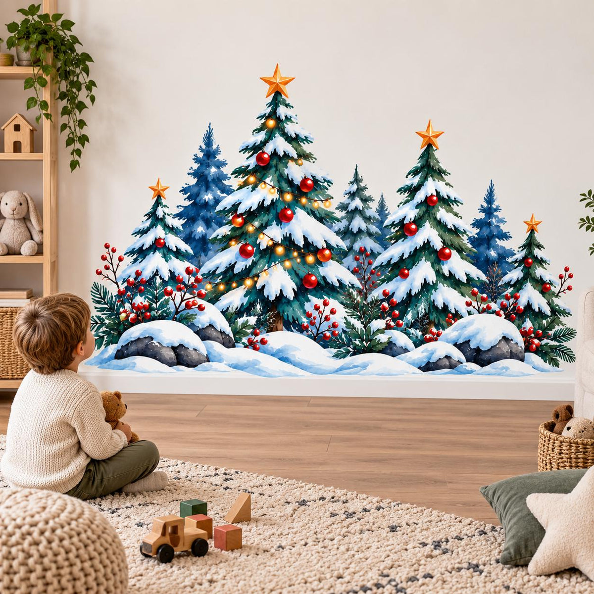 Christmas Tree Wall Decal | Snowy Winter Forest Wall Sticker | Holiday Pine Trees Decor | Christmas Nursery Wall Art | Winter Woodland Decor