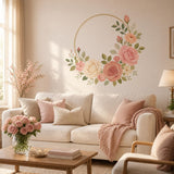 Floral Rose Gold Ring Circle Wall Decal | Watercolor Botanical Wall Sticker | Blush Pink Flower Bedroom and Nursery Decor | Vinyl Wall Art