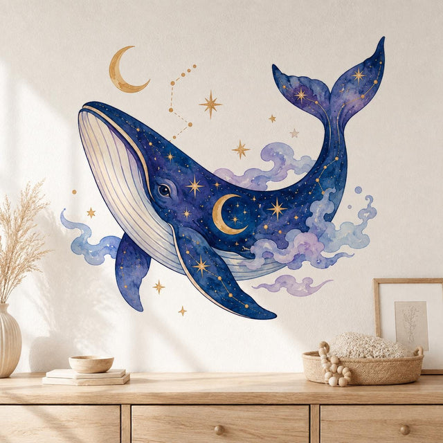 Deep blue watercolor-style whale with gold-colored stars and constellation lines, surrounded by moons and lavender clouds.
