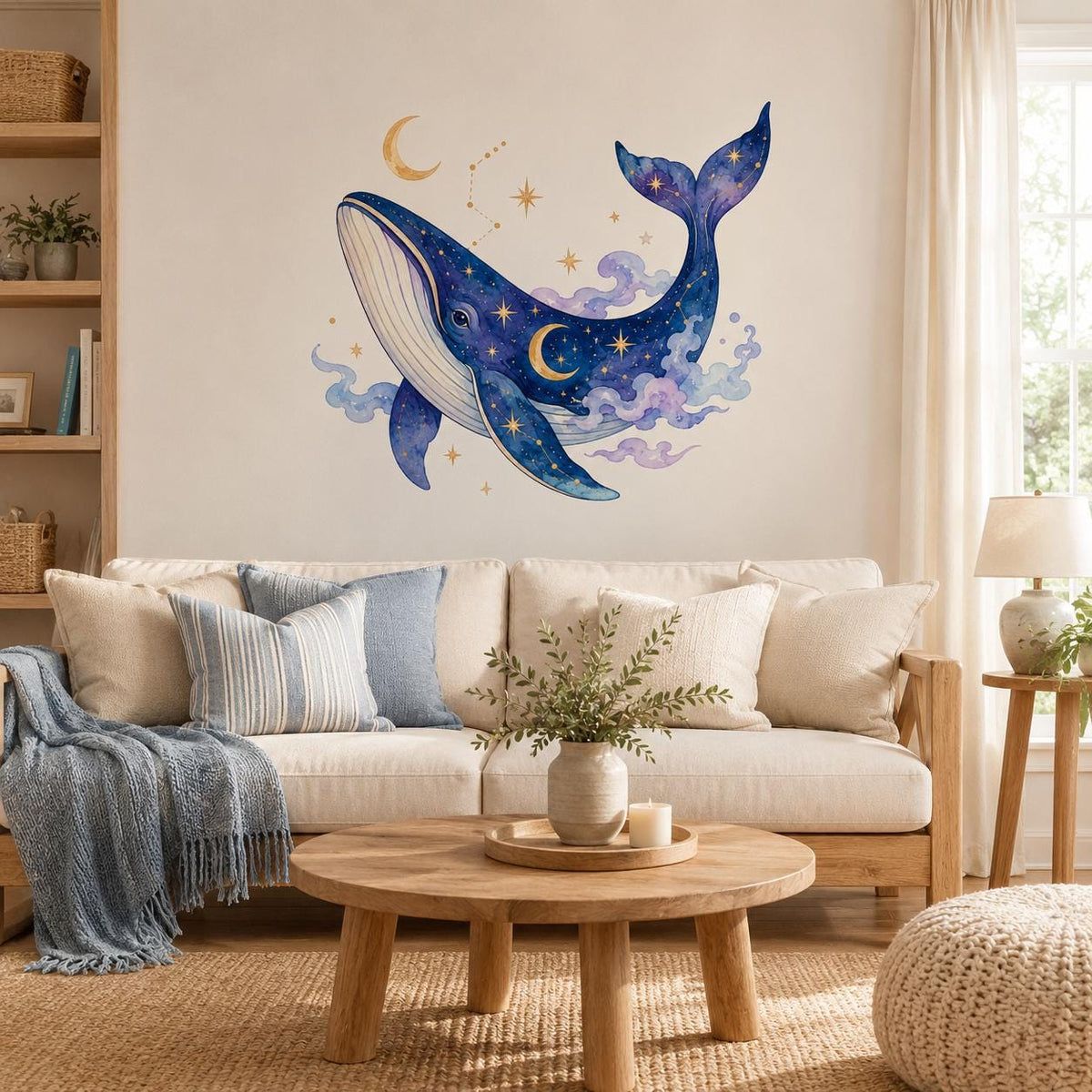 Celestial Whale Wall Decal | Moon and Stars Wall Sticker | Watercolor Whale Nursery Decor | Ocean Kids Room Wall Art | Starlit Bedroom Decor