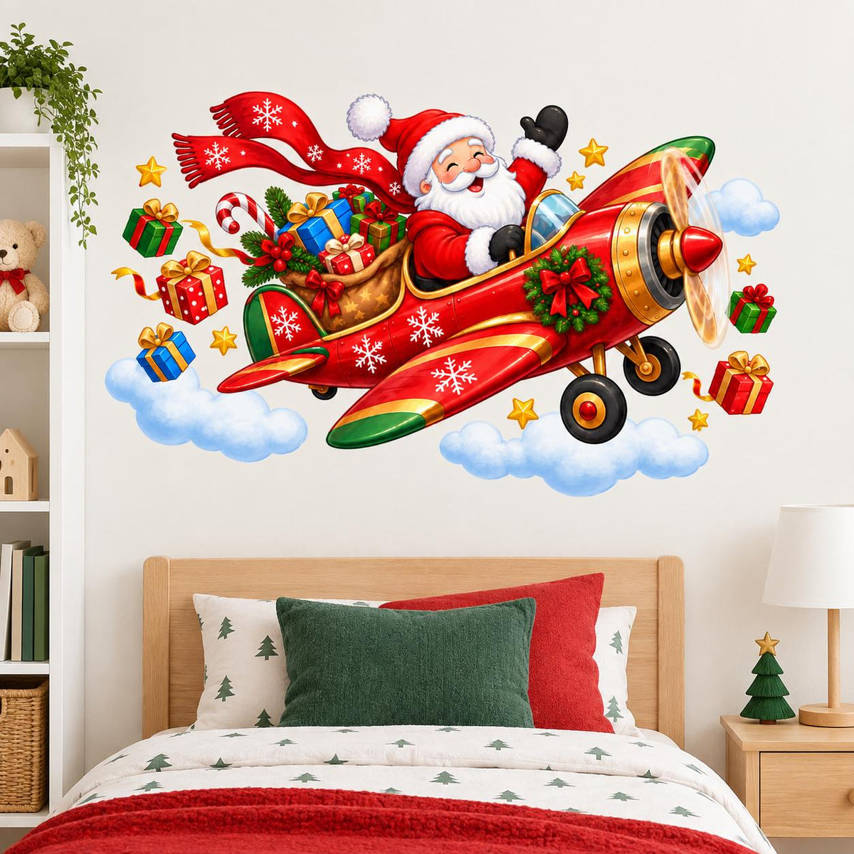 Santa Airplane Wall Decal | Christmas Wall Sticker for Kids Room | Flying Santa Sleigh Holiday Bedroom Decor | Vinyl Wall Decoration Nursery