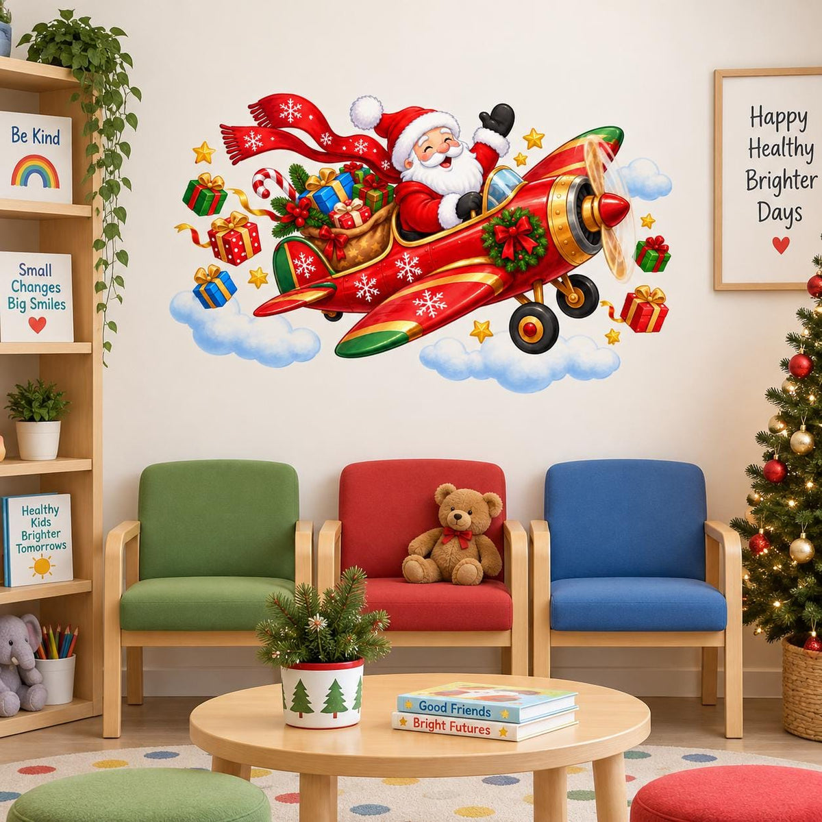 Santa Airplane Wall Decal | Christmas Wall Sticker for Kids Room | Flying Santa Sleigh Holiday Bedroom Decor | Vinyl Wall Decoration Nursery