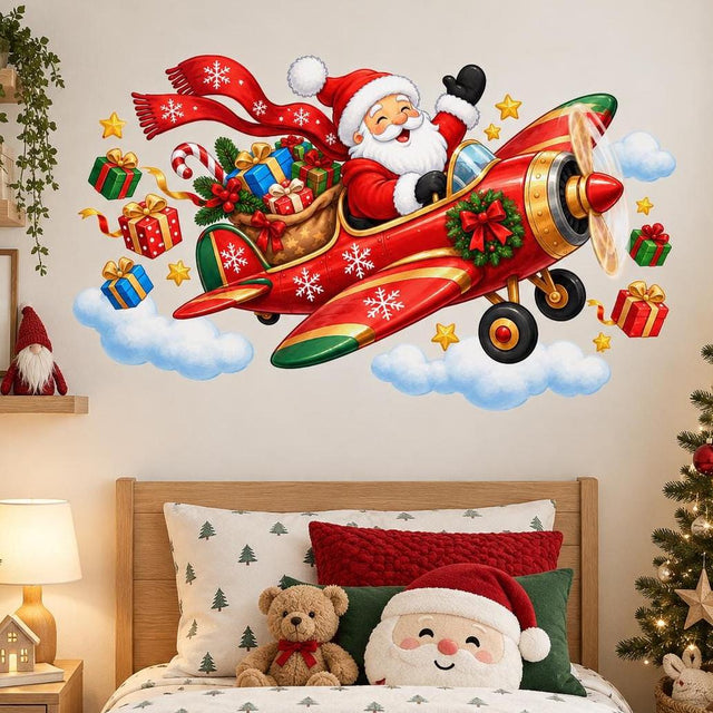 Santa flying a red propeller plane with snowflakes, followed by a sleigh of presents, with candy canes, stars and clouds.