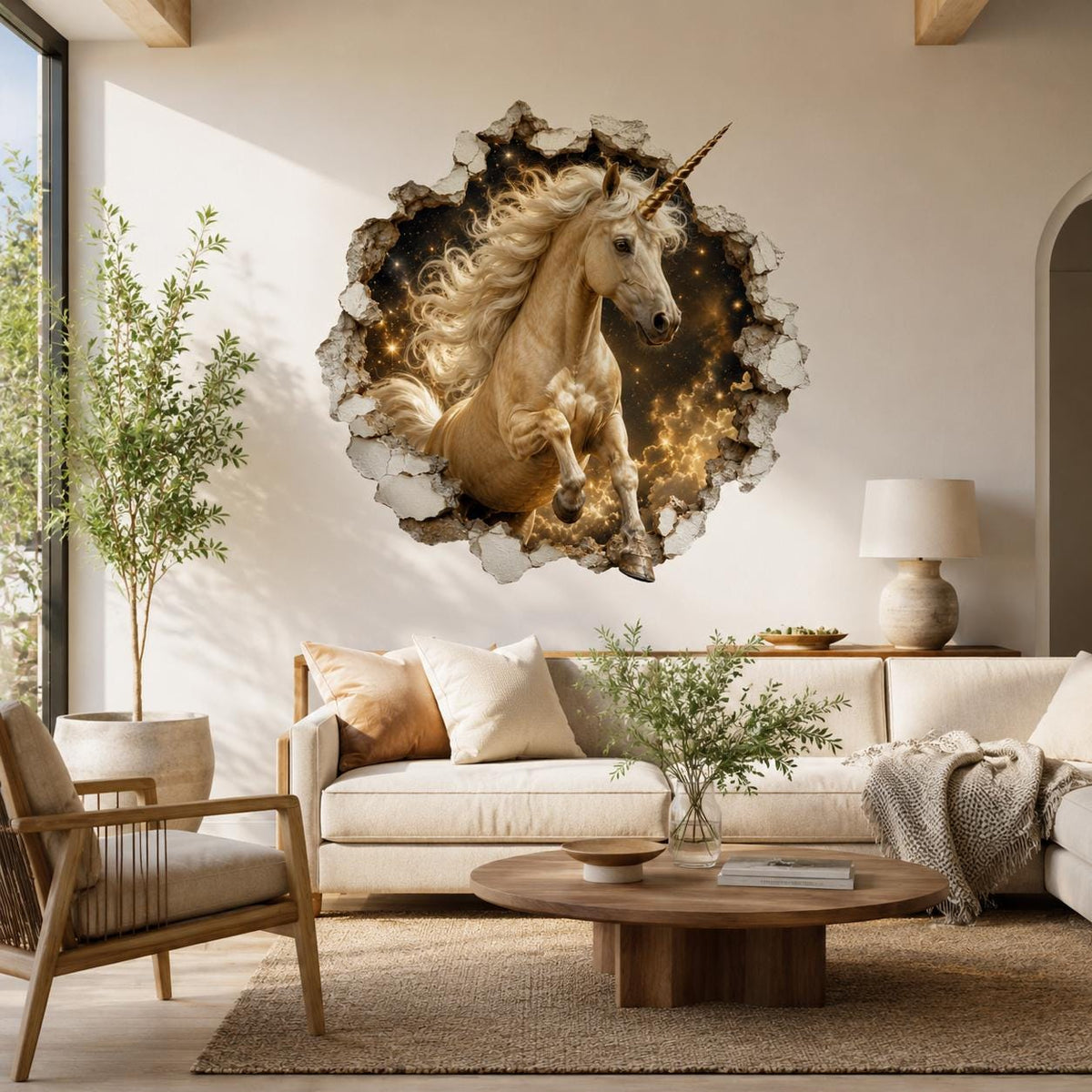 Golden Unicorn 3D Wall Decal | Fantasy Unicorn Wall Sticker | Broken Wall Illusion | Magical Horse Decor | Kids Room Decor | Cosmic Wall Art