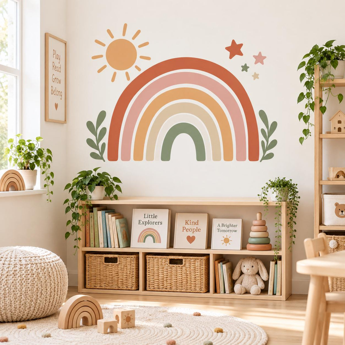Boho Rainbow Wall Decal with Sun and Stars | Neutral Nursery Wall Decor | Retro Kids Room Vinyl Sticker | Earth Tone Playroom Wall Decor