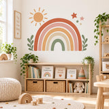 Boho Rainbow Wall Decal with Sun and Stars | Neutral Nursery Wall Decor | Retro Kids Room Vinyl Sticker | Earth Tone Playroom Wall Decor