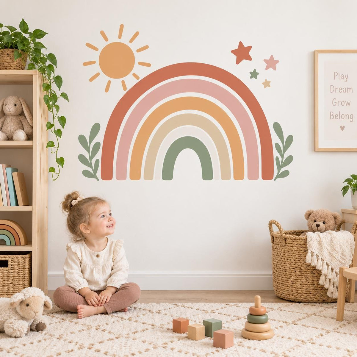 Boho Rainbow Wall Decal with Sun and Stars | Neutral Nursery Wall Decor | Retro Kids Room Vinyl Sticker | Earth Tone Playroom Wall Decor