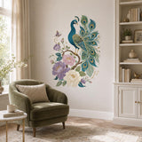Floral Peacock Wall Decal | Teal and Gold Botanical Bird Vinyl Sticker | Colorful Living Room Bedroom Wall Decor | Ornate Nature Decor Art