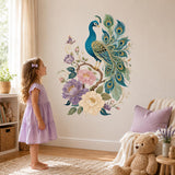 Floral Peacock Wall Decal | Teal and Gold Botanical Bird Vinyl Sticker | Colorful Living Room Bedroom Wall Decor | Ornate Nature Decor Art