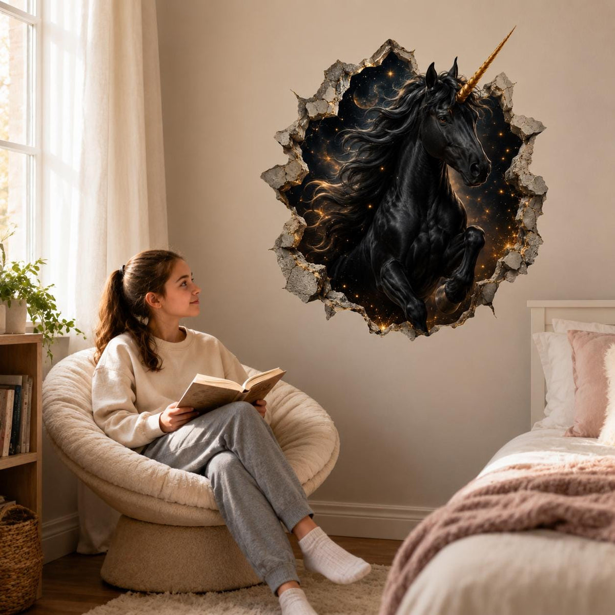 Black Unicorn Wall Decal | Celestial Gold Horn Vinyl Wall Sticker | 3D Broken Wall Fantasy Bedroom Decor | Gothic Teen Room Art | Starry Sky