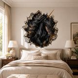 Black Unicorn Wall Decal | Celestial Gold Horn Vinyl Wall Sticker | 3D Broken Wall Fantasy Bedroom Decor | Gothic Teen Room Art | Starry Sky