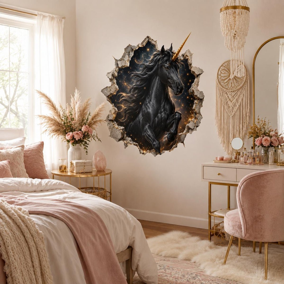 Black Unicorn Wall Decal | Celestial Gold Horn Vinyl Wall Sticker | 3D Broken Wall Fantasy Bedroom Decor | Gothic Teen Room Art | Starry Sky