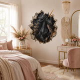 Black Unicorn Wall Decal | Celestial Gold Horn Vinyl Wall Sticker | 3D Broken Wall Fantasy Bedroom Decor | Gothic Teen Room Art | Starry Sky