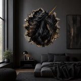 Black Unicorn Wall Decal | Celestial Gold Horn Vinyl Wall Sticker | 3D Broken Wall Fantasy Bedroom Decor | Gothic Teen Room Art | Starry Sky