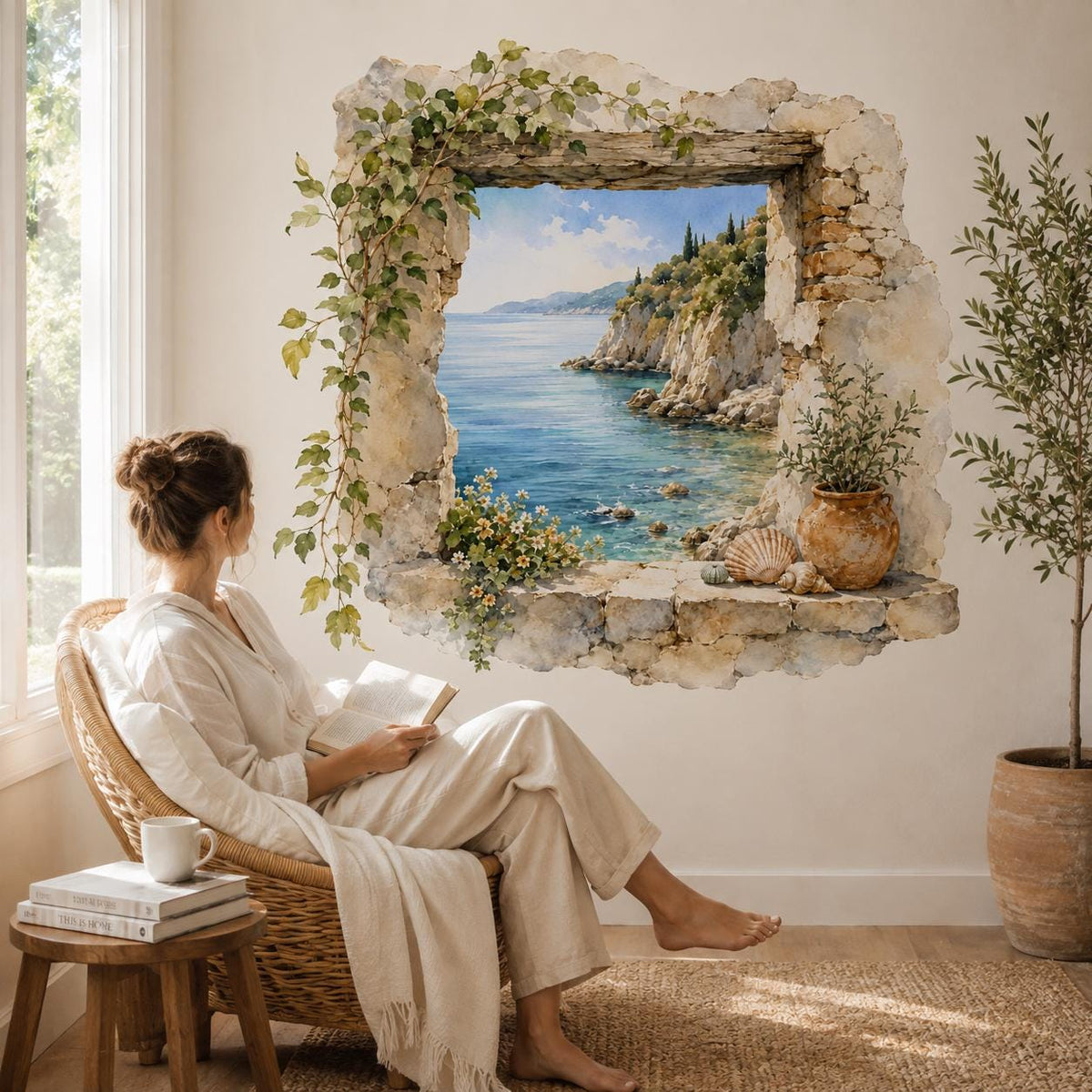 Stone Window Ocean View Wall Decal | Watercolor Mediterranean Coastal Mural | Rustic Seaside Wall Sticker | Vinyl Wall Decor | Seaside Decor
