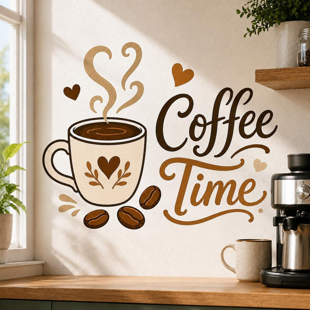 Coffee Time wall decal in brown and caramel script, with a steaming cream coffee cup, three beans, hearts and flourishes.