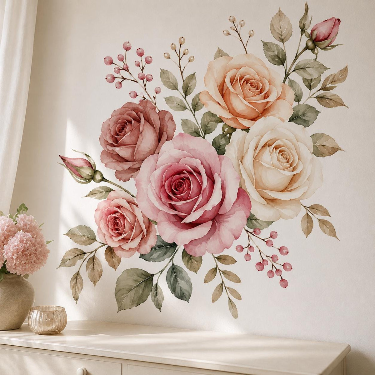 Watercolor floral arrangement with five roses and two rosebuds in blush pink, dusty rose, peach, and creamy ivory, surrounded by muted sage and olive leaves with delicate pink and neutral berry sprigs.