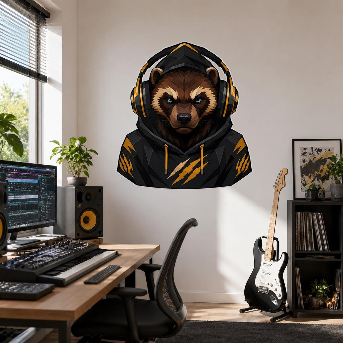 Raccoon Gamer Wall Decal | Gaming Raccoon Wall Sticker | Headphones Animal Decor | Teen Room Wall Art | Black Gold Gaming Bedroom Wall Decor