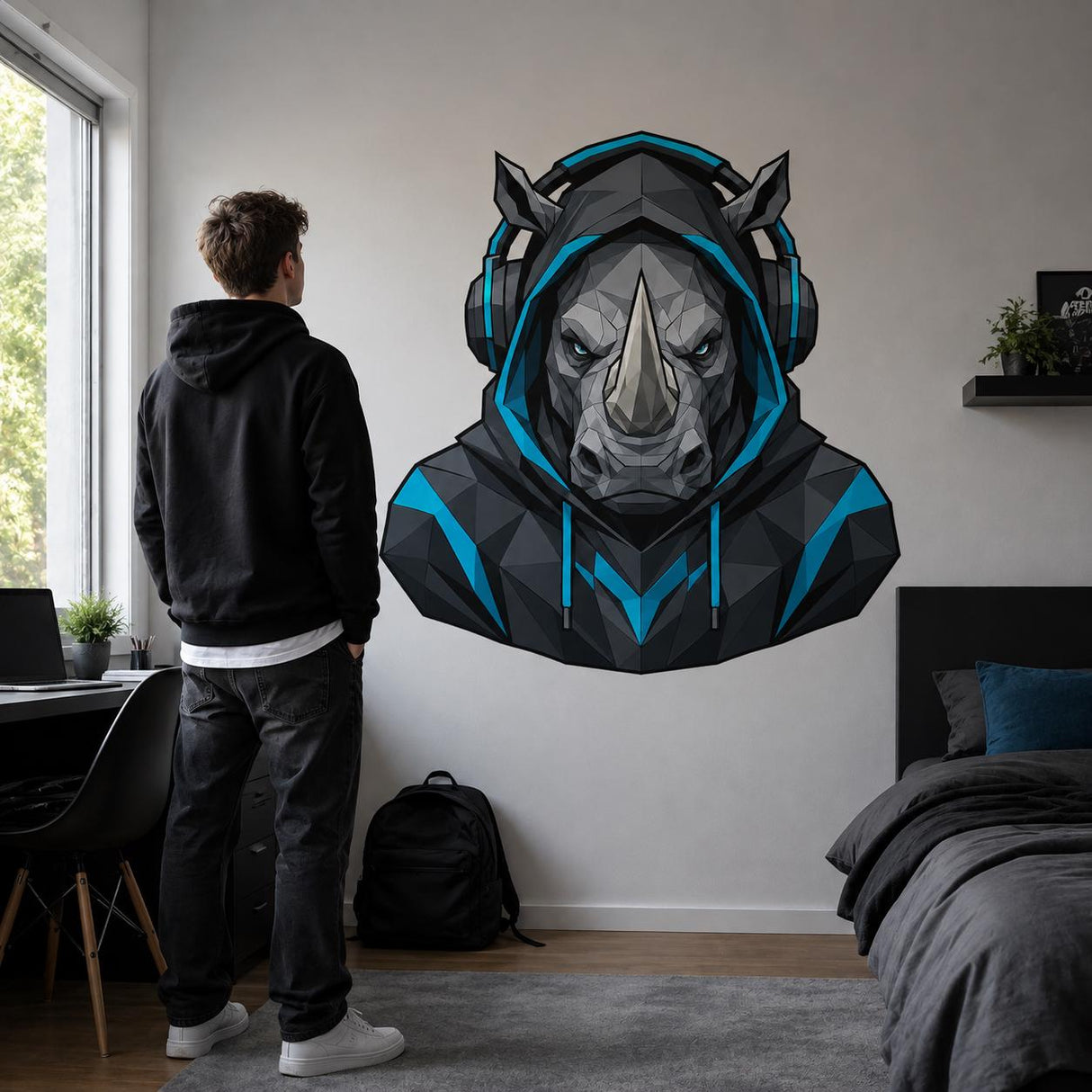 Rhino Gamer Wall Decal | Gaming Rhino Wall Sticker | Headphones Animal Decor | Teen Room Wall Art | Blue Black Gamer Bedroom Wall Decoration