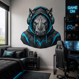 Rhino Gamer Wall Decal | Gaming Rhino Wall Sticker | Headphones Animal Decor | Teen Room Wall Art | Blue Black Gamer Bedroom Wall Decoration