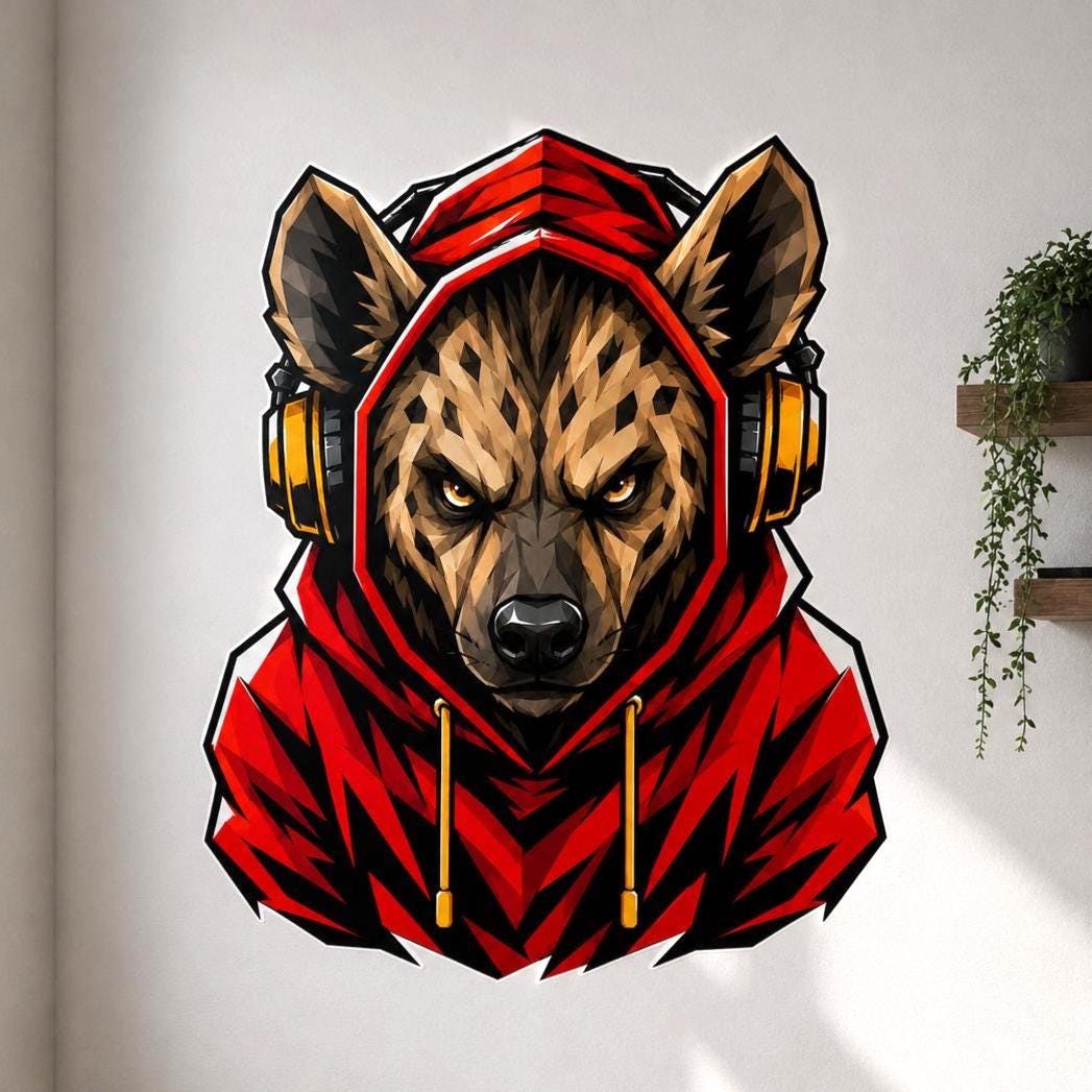 Bold illustrated hyena with large pointed ears, intense orange eyes, and tan-and-brown facial markings, wearing a bright red hooded sweatshirt and large black-and-gold over-ear headphones.
