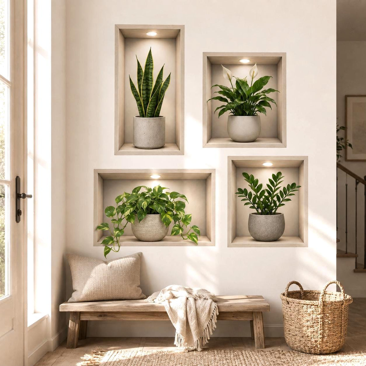 Four realistic recessed wall niches with light wood frames and warm spotlights, displaying a snake plant, flowering peace lily, trailing pothos, and ZZ plant in neutral cream and stone-style pots.