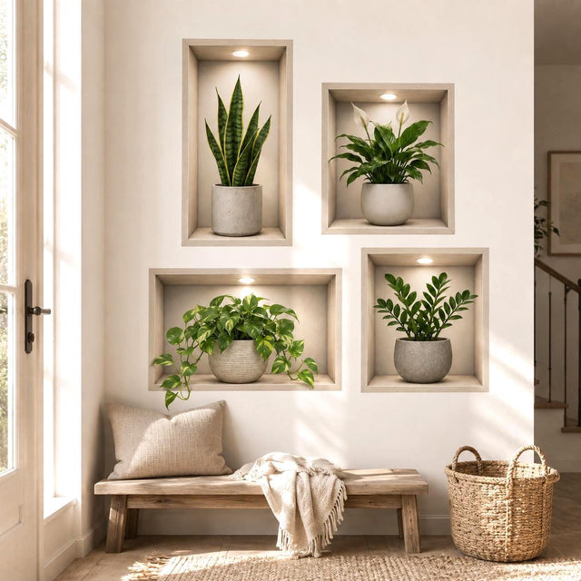Four realistic recessed wall niches with light wood frames and warm spotlights, displaying a snake plant, flowering peace lily, trailing pothos, and ZZ plant in neutral cream and stone-style pots.