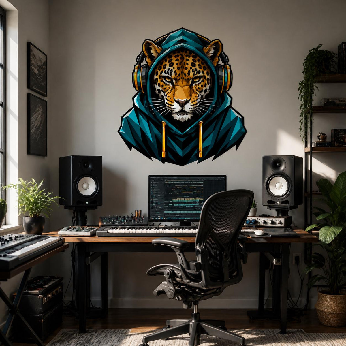 Leopard Gamer Wall Decal | Gaming Leopard Wall Sticker | Headphones Animal Decor | Teen Room Wall Art | Teal Hoodie Bedroom Wall Decorations
