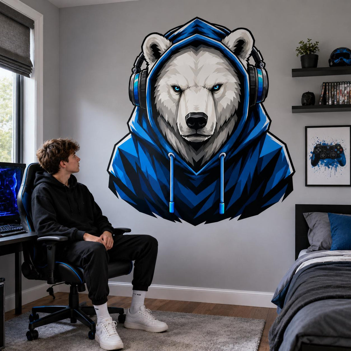 Polar Bear Gamer Wall Decal | Gaming Polar Bear Wall Sticker | Blue Hoodie Animal Decor | Teen Game Room Wall Art | Gamer Bedroom Wall Decor