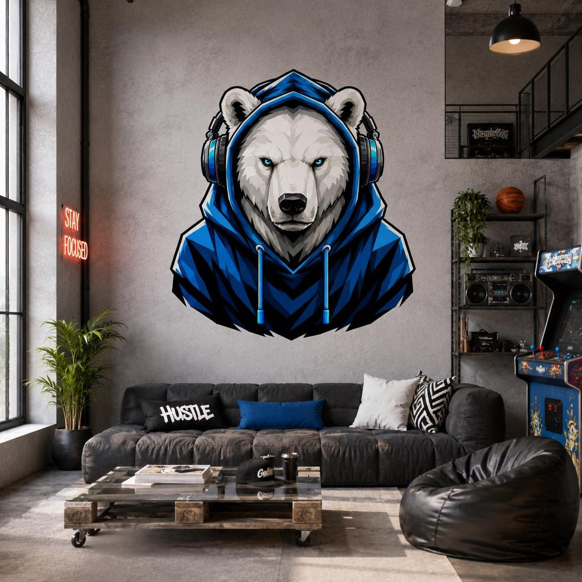 Polar Bear Gamer Wall Decal | Gaming Polar Bear Wall Sticker | Blue Hoodie Animal Decor | Teen Game Room Wall Art | Gamer Bedroom Wall Decor