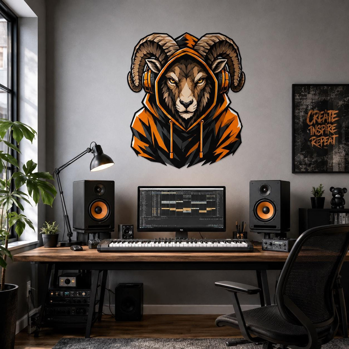 Ram Gamer Wall Decal | Gaming Ram Wall Sticker | Horned Animal Decor | Teen Game Room Wall Art | Orange Hoodie Gamer Bedroom Wall Decoration