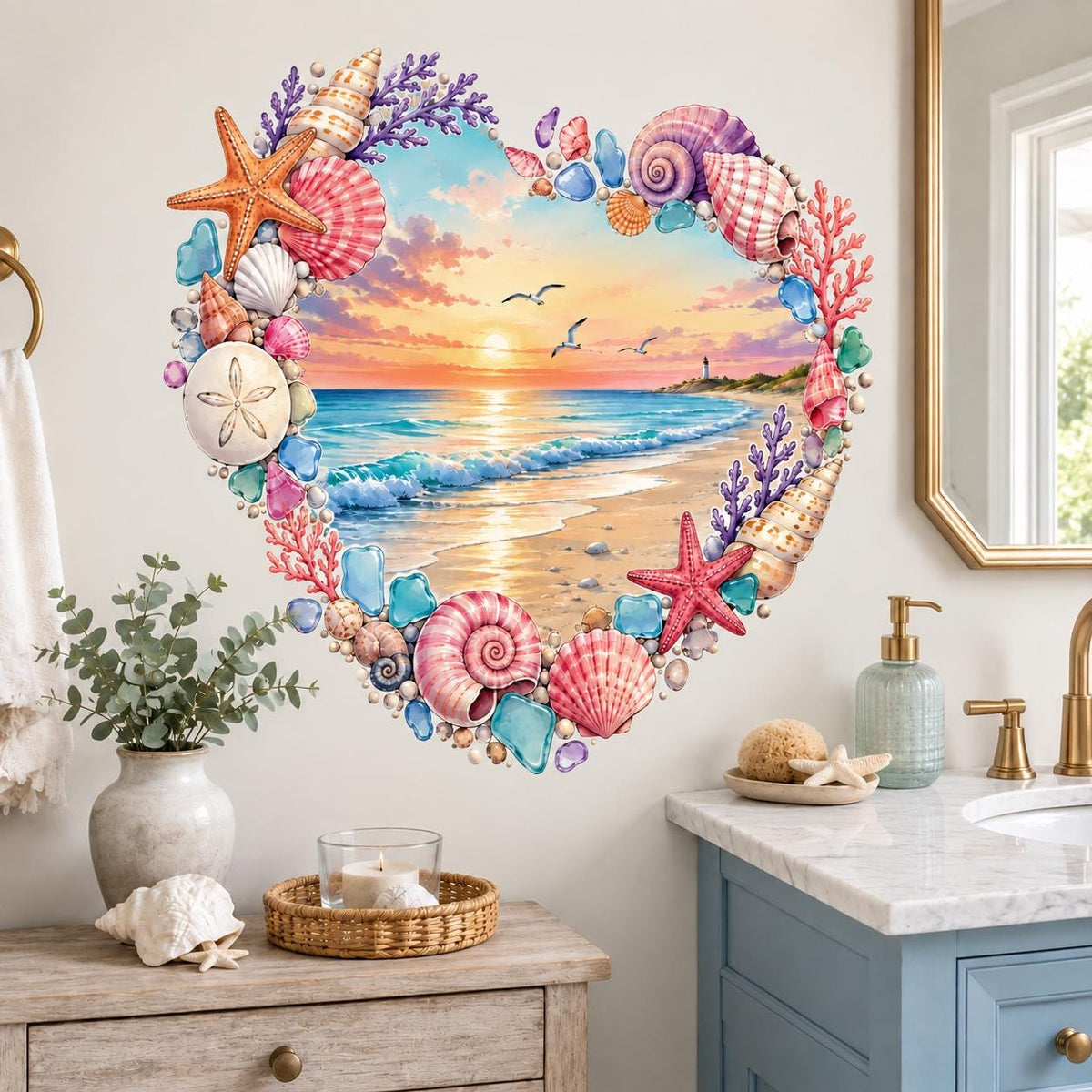 Heart-shaped watercolor beach scene with a pastel ocean sunset, gentle waves, flying seagulls, and a distant lighthouse, surrounded by pink, peach, cream, and lavender seashells, starfish, coral branches, sea glass, and small coastal stones.