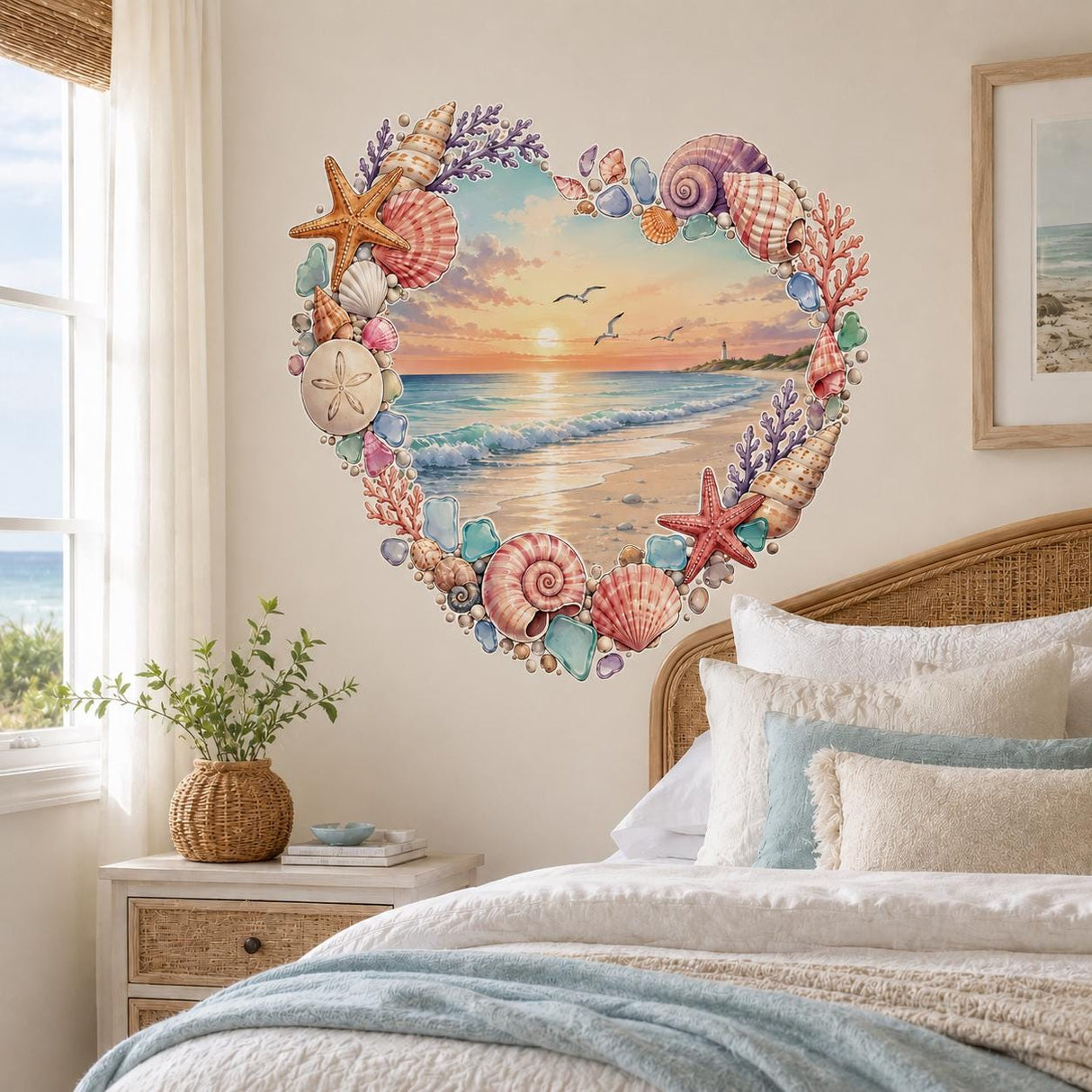 Heart Beach Wall Decal | Seashell Coastal Wall Sticker | Ocean Sunset Wall Art | Seashell Starfish Decor | Romantic Seaside Wall Decorations