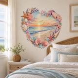 Heart Beach Wall Decal | Seashell Coastal Wall Sticker | Ocean Sunset Wall Art | Seashell Starfish Decor | Romantic Seaside Wall Decorations