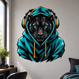 Black leopard gamer wall decal with turquoise eyes, a teal hoodie and orange-accented headphones