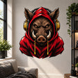 Bold illustrated wild boar with large curved tusks, amber eyes, and brown facial shading, wearing a bright red hooded sweatshirt and large black-and-gold over-ear headphones.