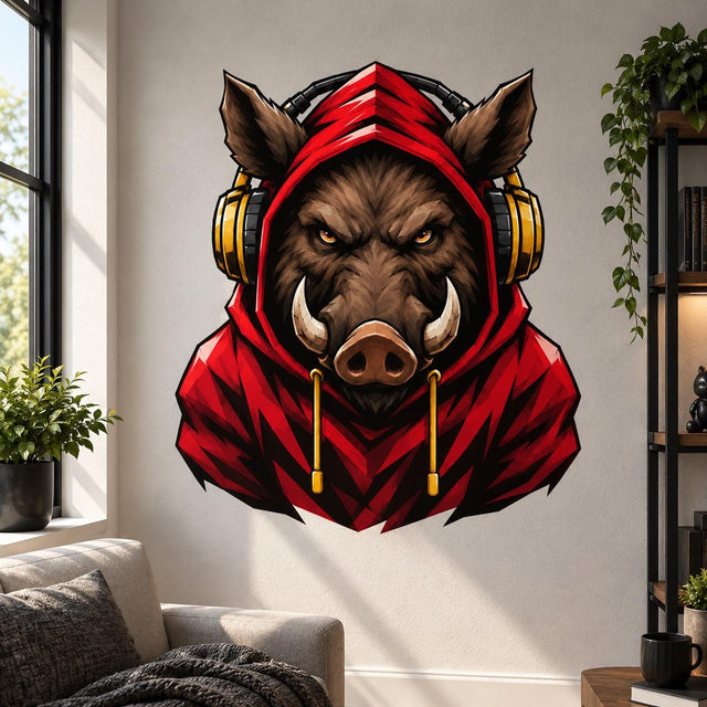 Bold illustrated wild boar with large curved tusks, amber eyes, and brown facial shading, wearing a bright red hooded sweatshirt and large black-and-gold over-ear headphones.