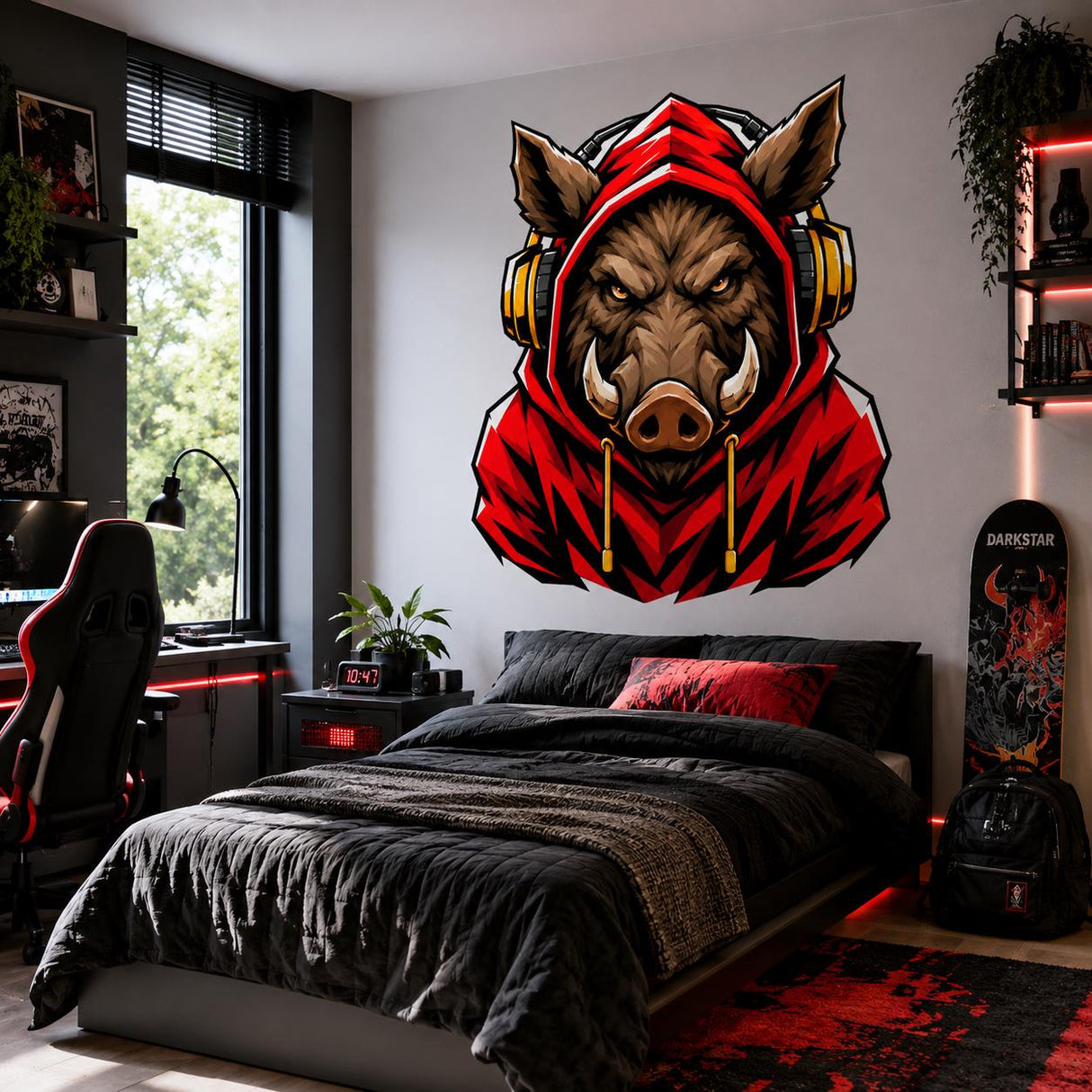 Wild Boar Gaming Wall Decal | Gaming Animal Wall Sticker | Red Hoodie Animal Decor | Teen Game Room Wall Art | Gamer Bedroom Wall Decoration