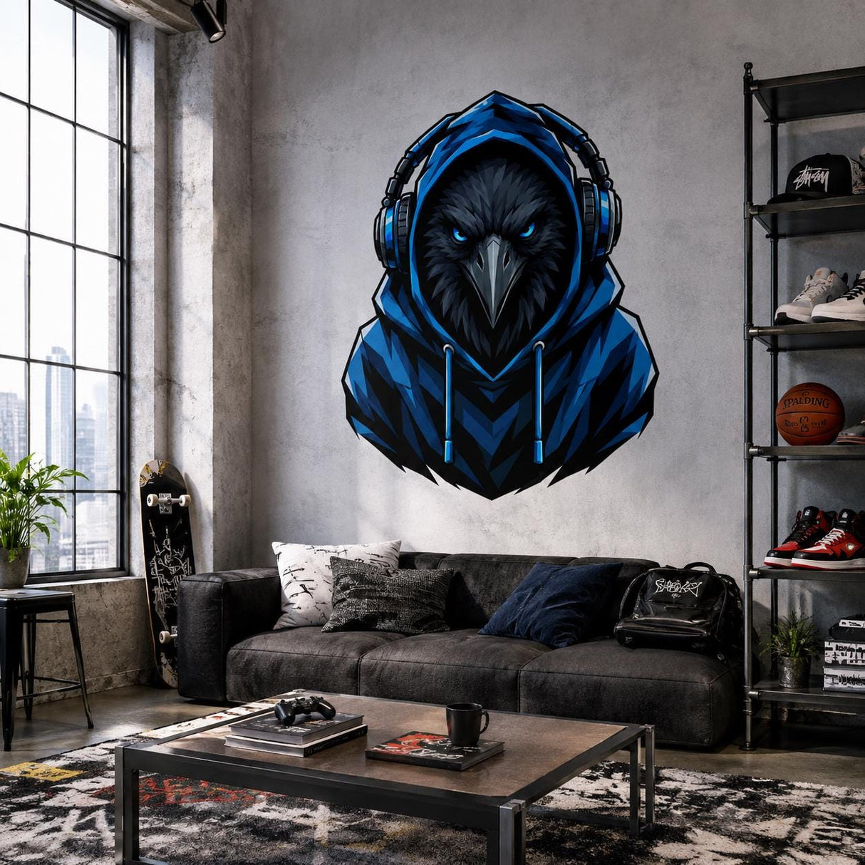Raven Gamer Wall Decal | Gaming Raven Wall Sticker | Blue Hoodie Animal Decor | Teen Game Room Wall Art | Blue Gamer Bedroom Wall Decoration