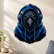 Bold illustrated black raven with intense electric-blue eyes and a sharp gray beak, wearing a vivid blue hooded sweatshirt and large black-and-blue over-ear headphones.