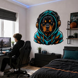 Rottweiler Gamer Wall Decal | Gaming Rottweiler Wall Sticker | Teal Hoodie Dog Decor | Teens Gaming Room Wall Art | Gamer Bedroom Wall Decor