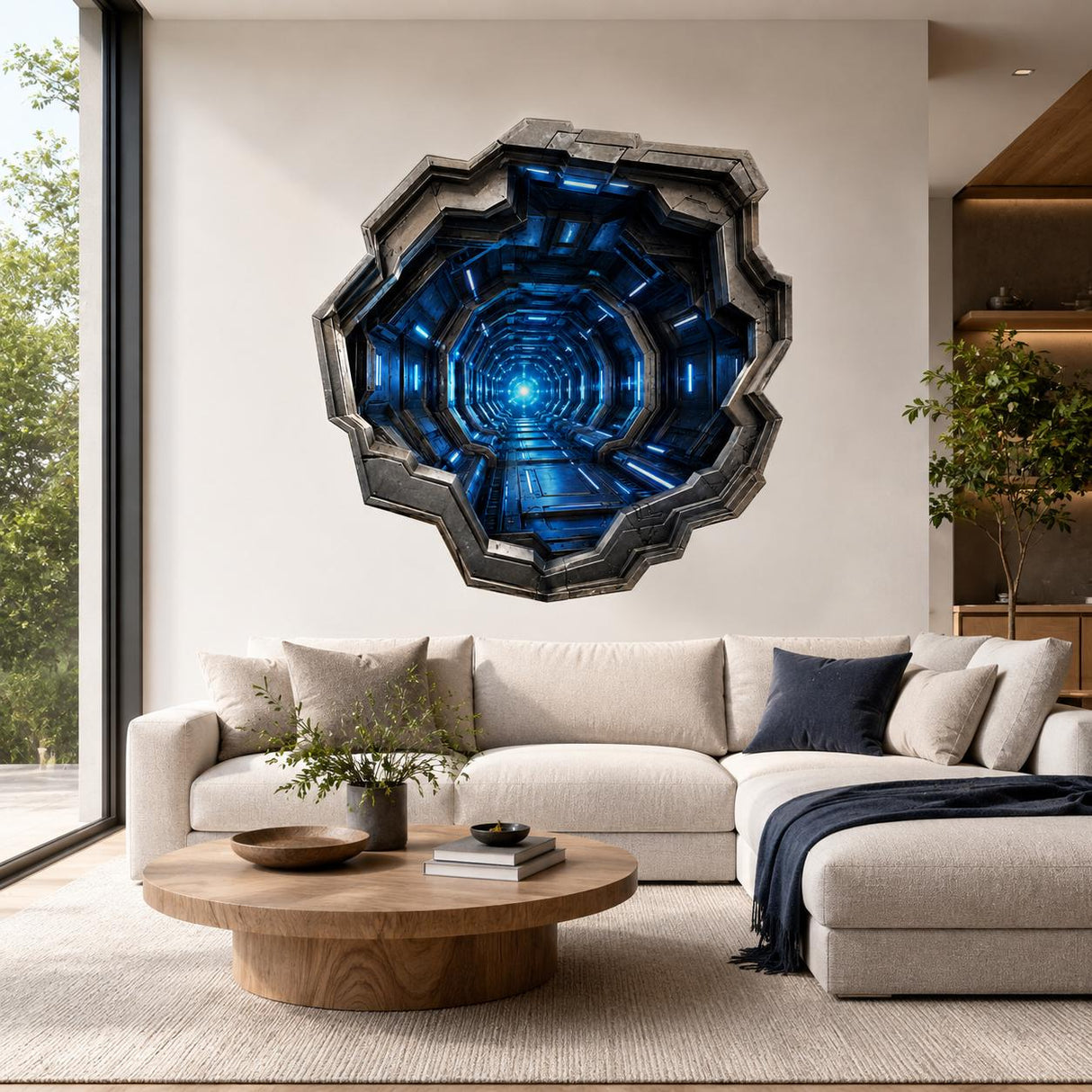 3D Sci Fi Tunnel Wall Decal | Futuristic Corridor Wall Sticker | Anamorphic Wall Illusion | Gaming Room Decor | Blue Portal Bedroom Wall Art
