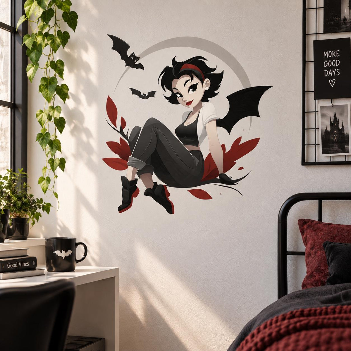 Gothic Bat Girl Wall Decal | Cute Spooky Vinyl Sticker | Gothic Bedroom Decor | Dark Kawaii Anime Wall Art | Vampire Inspired Moon Decor