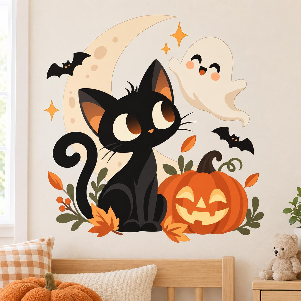 Black cat and smiling orange pumpkin wall decal with a friendly white ghost, pale moon, two bats and autumn leaves.